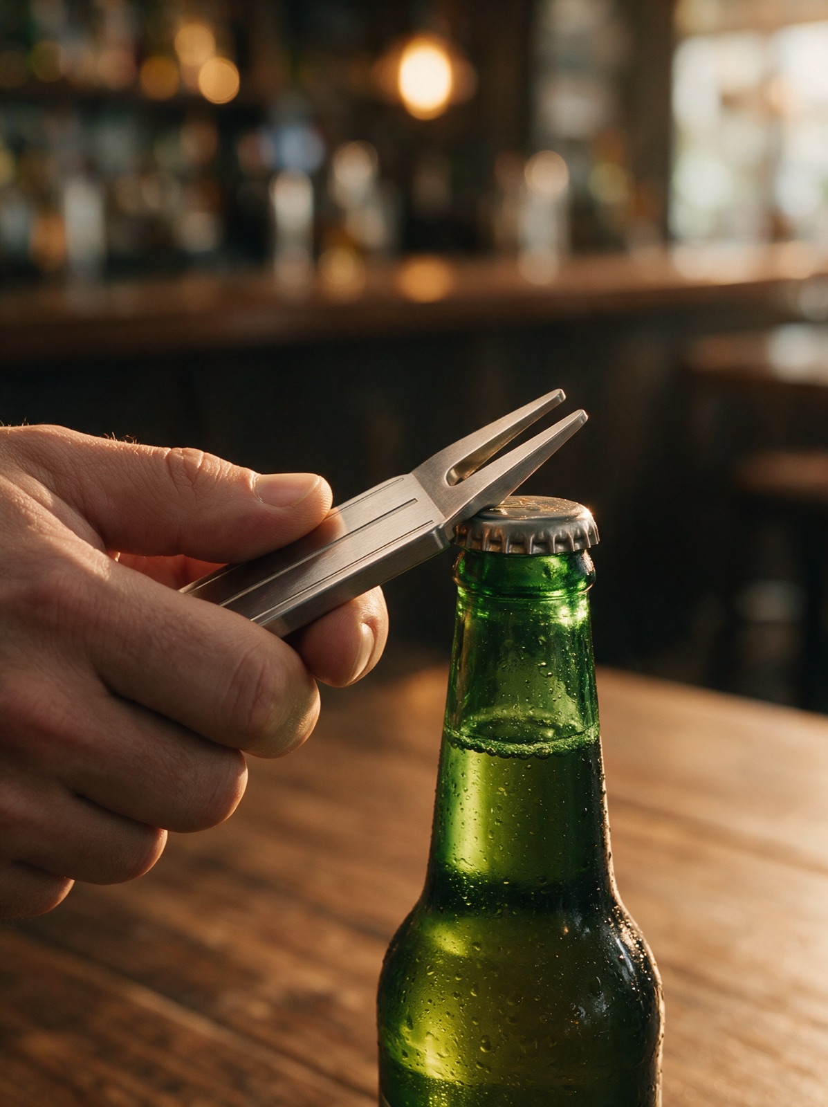 The tool's forked end lifting a bottle cap