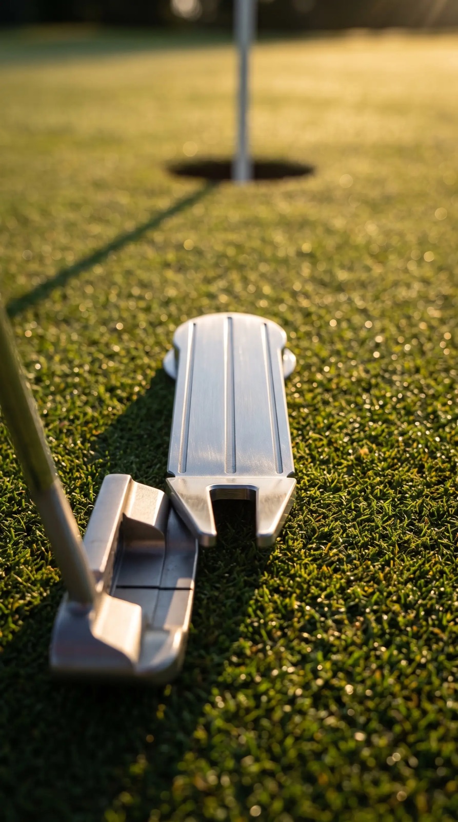 A putter head nudging the alignment tool's tail to swivel it toward the hole